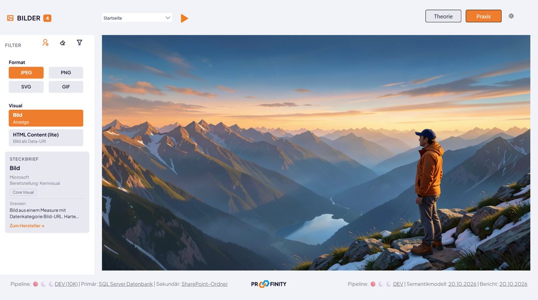 Demo-Seite Bilder in der Praxis-Ansicht mit einem Bergpanorama als JPEG im nativen Bild-Visual