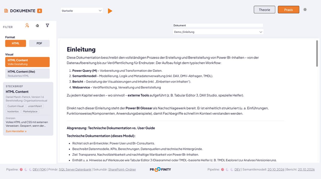 Demo-Seite Dokumente in der Praxis-Ansicht mit einer HTML-Einleitung in HTML Content