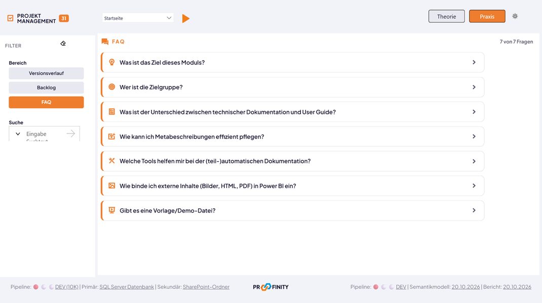 Demo-Seite Projektmanagement mit dem FAQ als Akkordeon und einer Suche im Panel