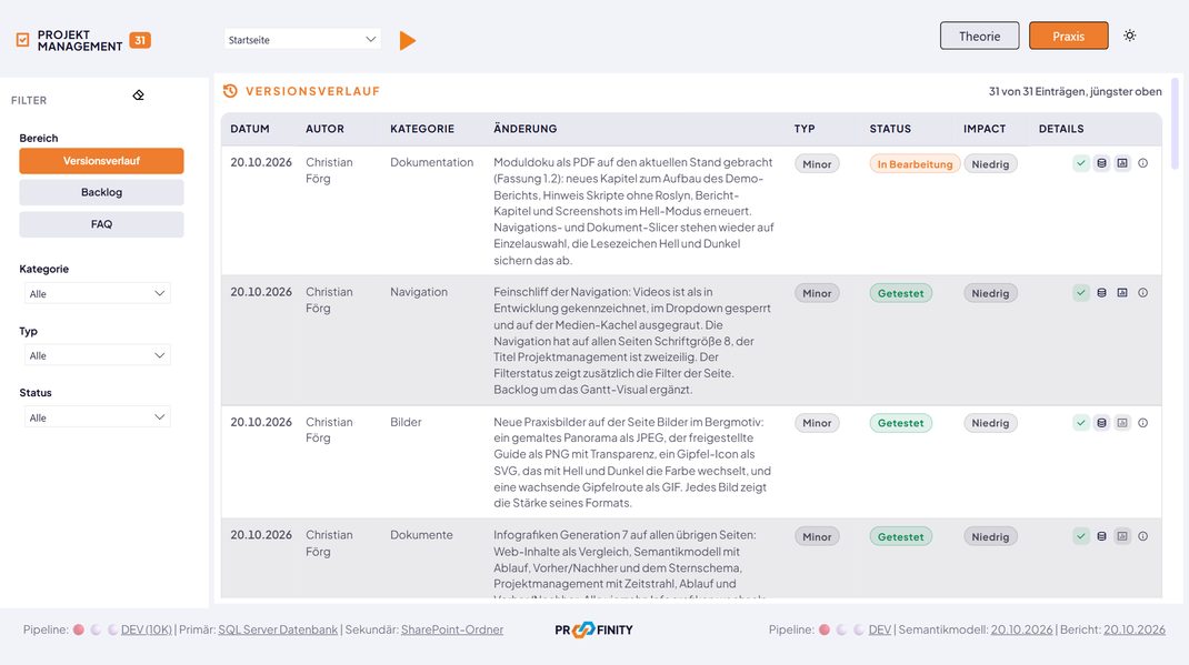 Demo-Seite Projektmanagement mit dem Versionsverlauf und Filtern nach Kategorie, Typ und Status