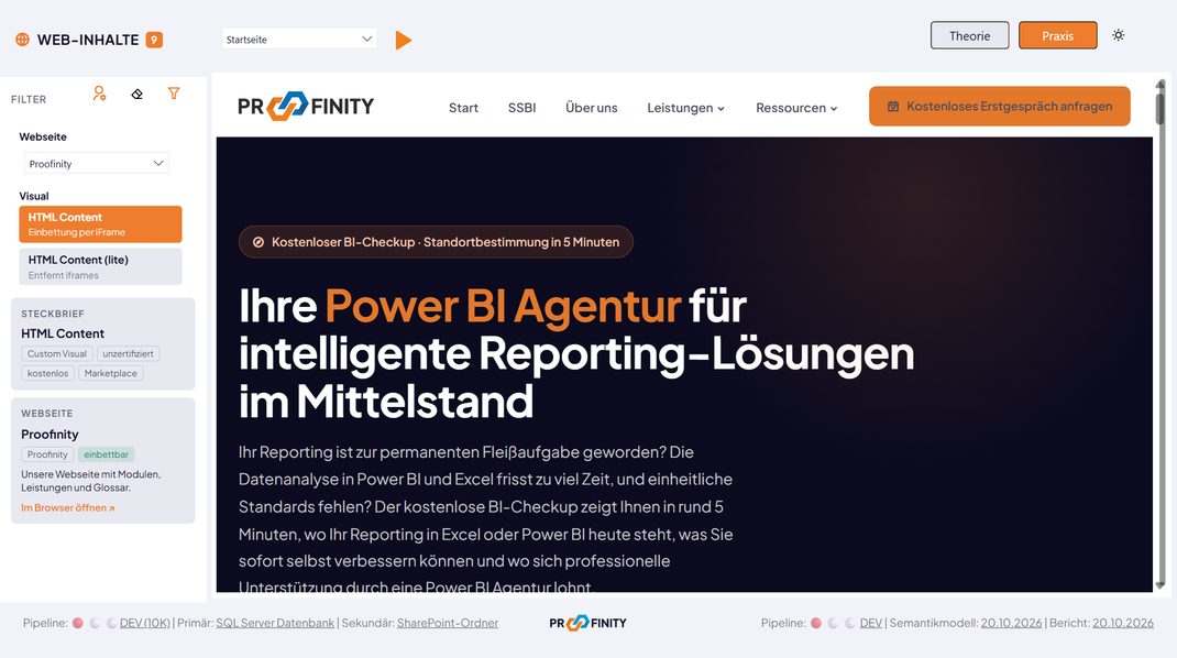Demo-Seite Web-Inhalte in der Praxis-Ansicht mit der eingebetteten Webseite proofinity.eu